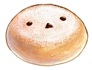 A piece of round bread, coated with sugar on top and a bird face made of dollops of chocolate.